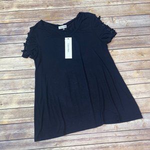 Calvin Klein V-neck lace up sleeve pullover top black XS